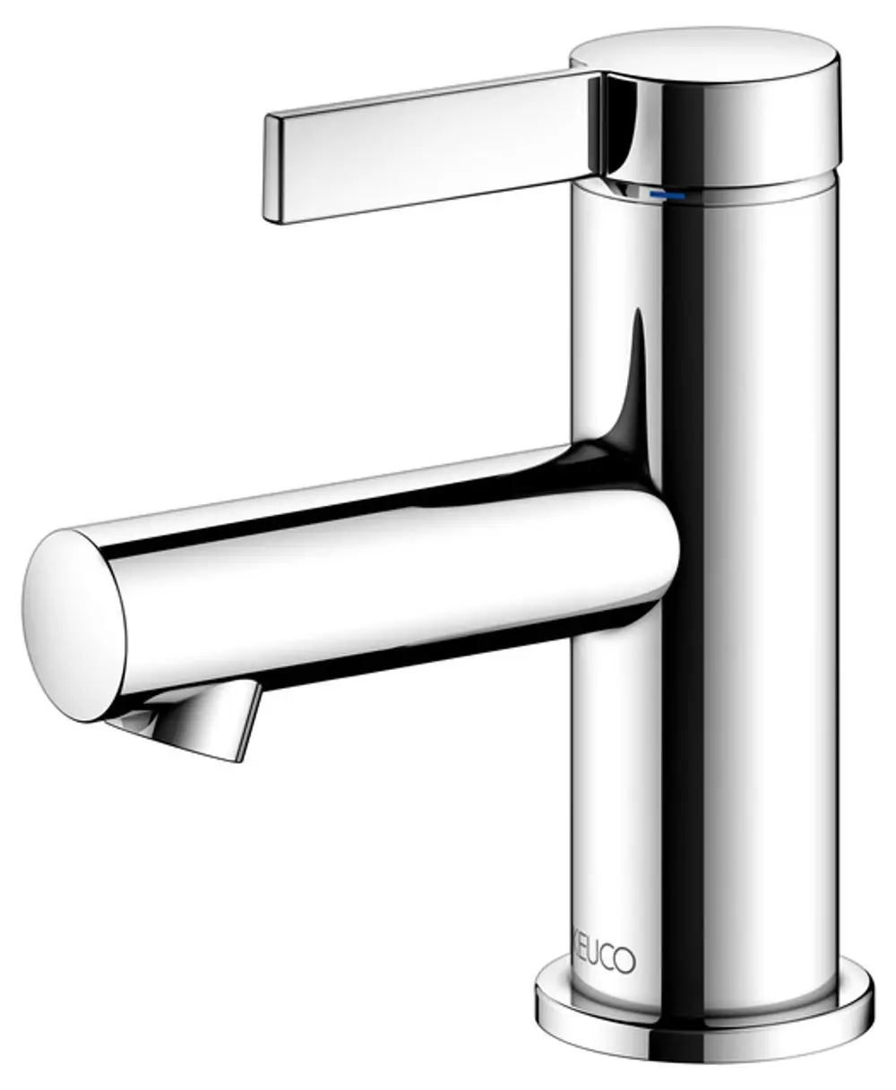 Ein moderner, verchromter Waschtischmischer von Keuco mit einem geraden Hebel und runder Auslauföffnung, geeignet für Badezimmeranwendungen.